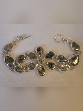 Gorgeous Floral Abalone Shell Bracelet signed Alpaca Mexico